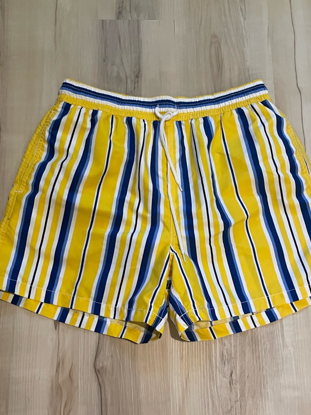Polo Ralph Lauren Yellow Blue Striped Swim Trunks Size Medium Coastal Preppy